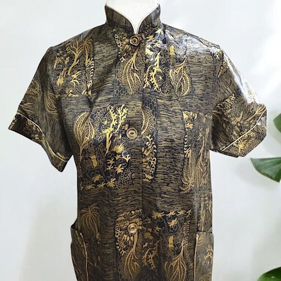 Vintage 1950s Dream Wear House Dress Black and Gold Asian Print Size M/L - Picture 3 of 15